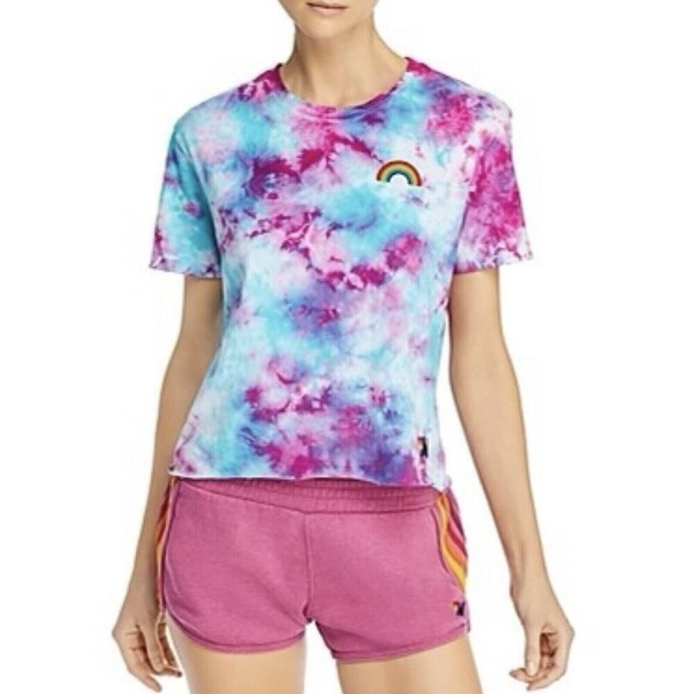 $83 AVIATOR NATION Rainbow Embroidery Boyfriend Tee Tie Dye Blue Pink Designer M